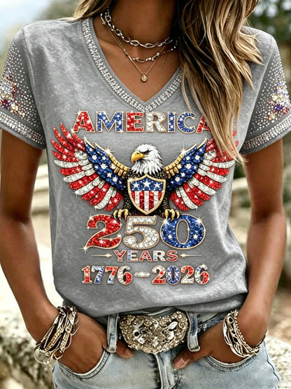 American 250th Anniversary Rhinestone Design Women's V Neck T-Shirt