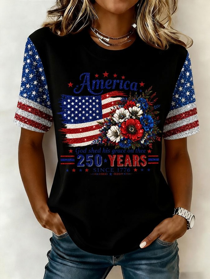 Women'S American Independence Day 250Th Anniversary Printed Short Sleeved T-Shirt
