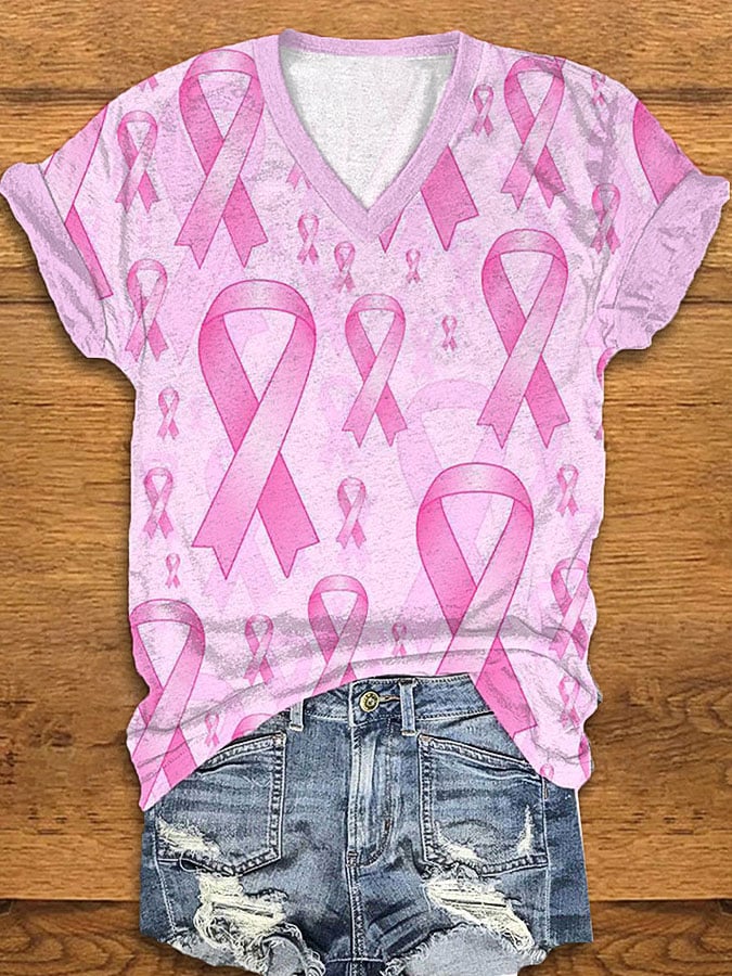 Women's Breast Cancer Awareness Print V-Neck T-Shirt