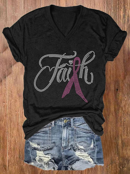 Retro V-neck Breast Cancer Awareness Faith Print T-Shirt