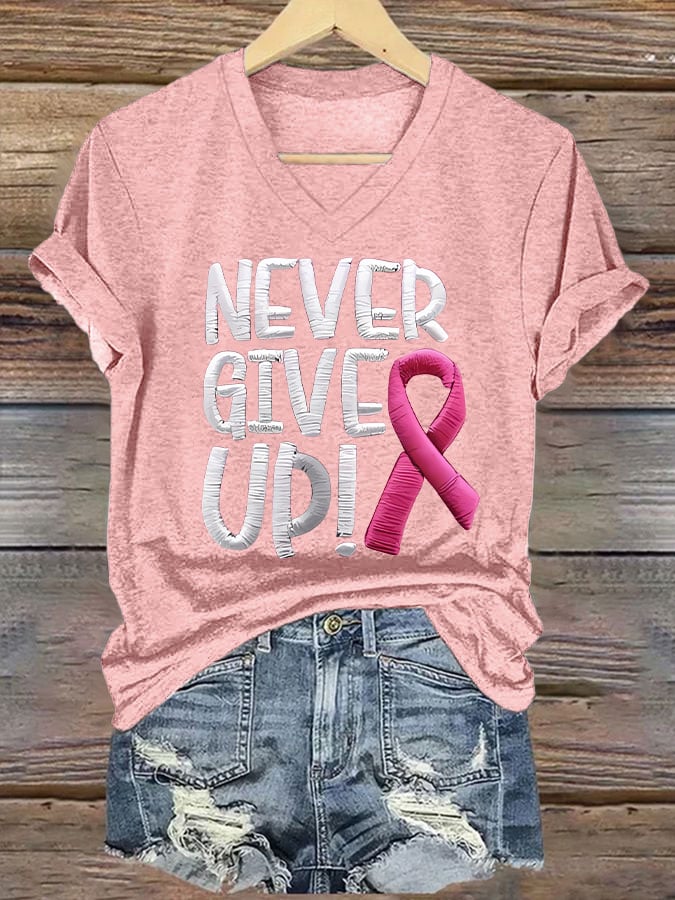 Never Give Up Women's Breast Cancer Awareness Print T-Shirt