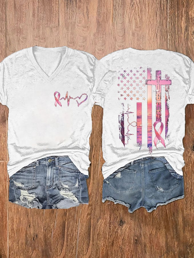 Women's Fight Breast Cancer Awareness Print V-Neck T-Shirt