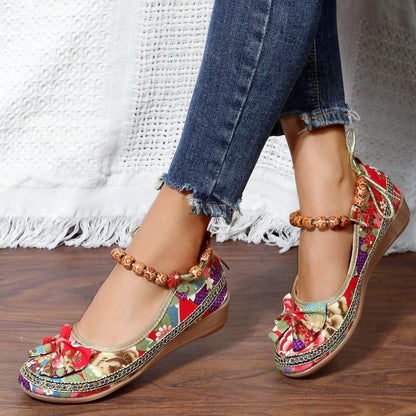 👍Last Day Promotion 70% OFF –2023 🌹Women's Floral Print Flat Shoes, Ethnic Style Ankle Strap Slip On Shoes, Casual Walking Shoes
