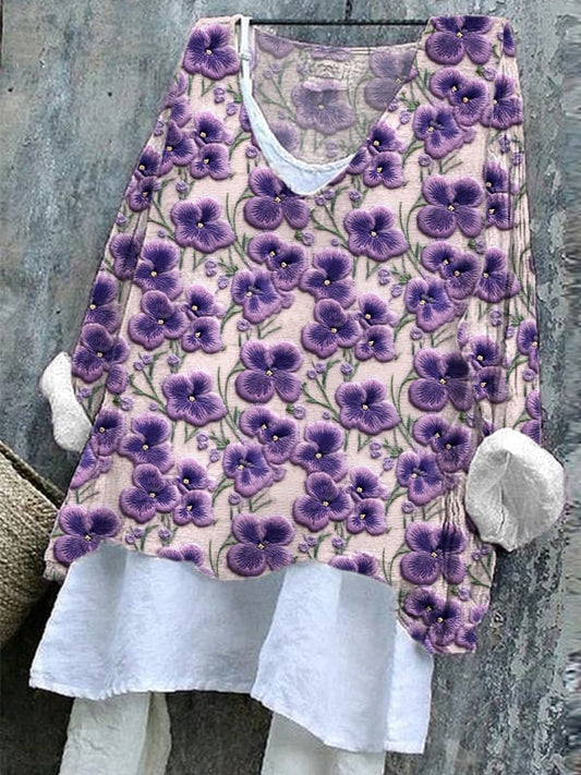 Women's Purple Floral Cotton and Linen Top