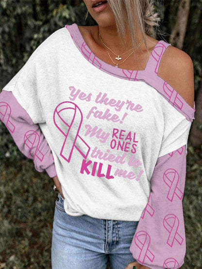 Women's Yes They're Fake The Real One Tried To Kill Me Breast Cancer Awareness Print One Shoulder Camisole Top