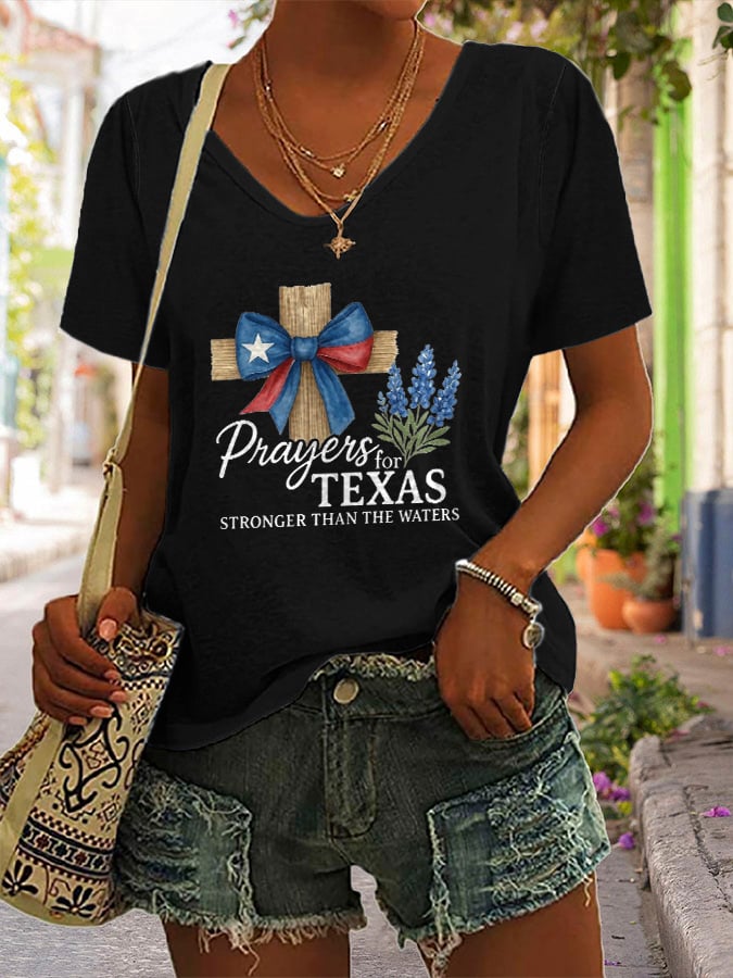 🙏💔Join us in praying for Texas.🙏V-Neck Retro Texas Strong Prayers For Texas Stronger Than The Waters Faith Cross Print T-Shirt