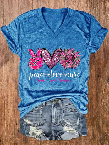 Women's Peace Love Cure Pink Sunflower Breast Cancer  V-Neck Tee