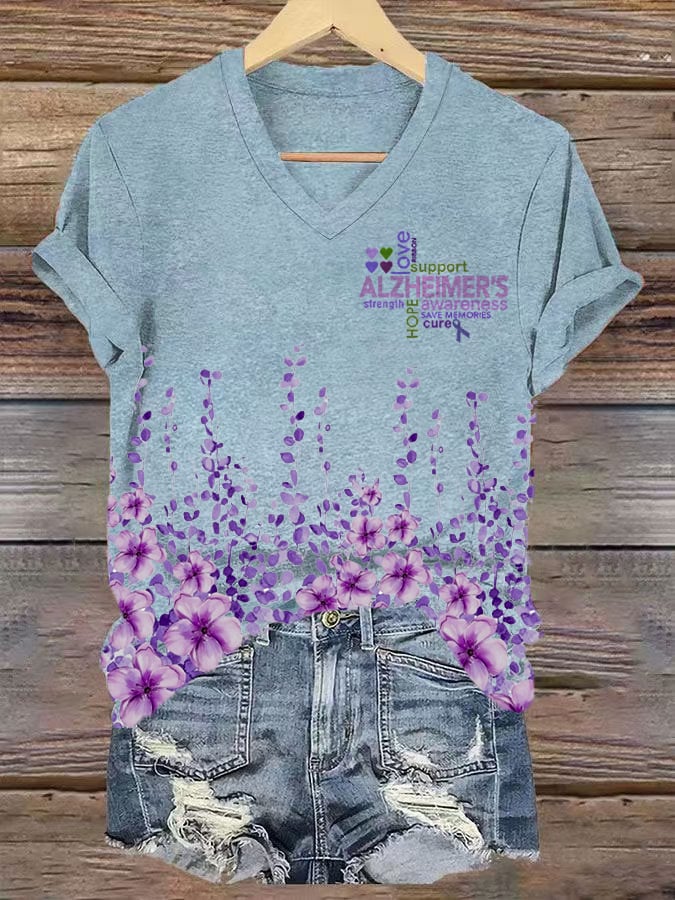 Women's Alzheimer's Disease Awareness Floral Print V-Neck T-Shirt