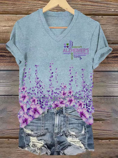 Women's Alzheimer's Disease Awareness Floral Print V-Neck T-Shirt