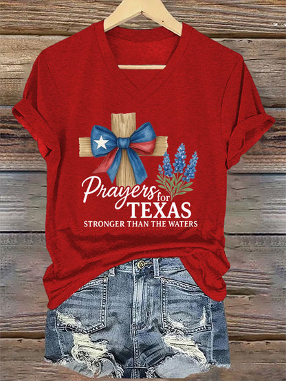 🙏💔Join us in praying for Texas.🙏V-Neck Retro Texas Strong Prayers For Texas Stronger Than The Waters Print T-Shirt