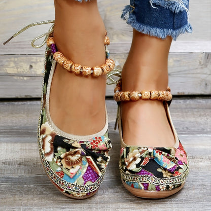 👍Last Day Promotion 70% OFF –2023 🌹Women's Floral Print Flat Shoes, Ethnic Style Ankle Strap Slip On Shoes, Casual Walking Shoes