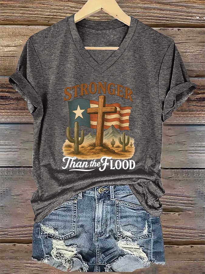 🙏💔Join us in praying for Texas.🙏V-Neck Retro Texas Strong Stronger Than The Flood Faith Cross Print T-Shirt