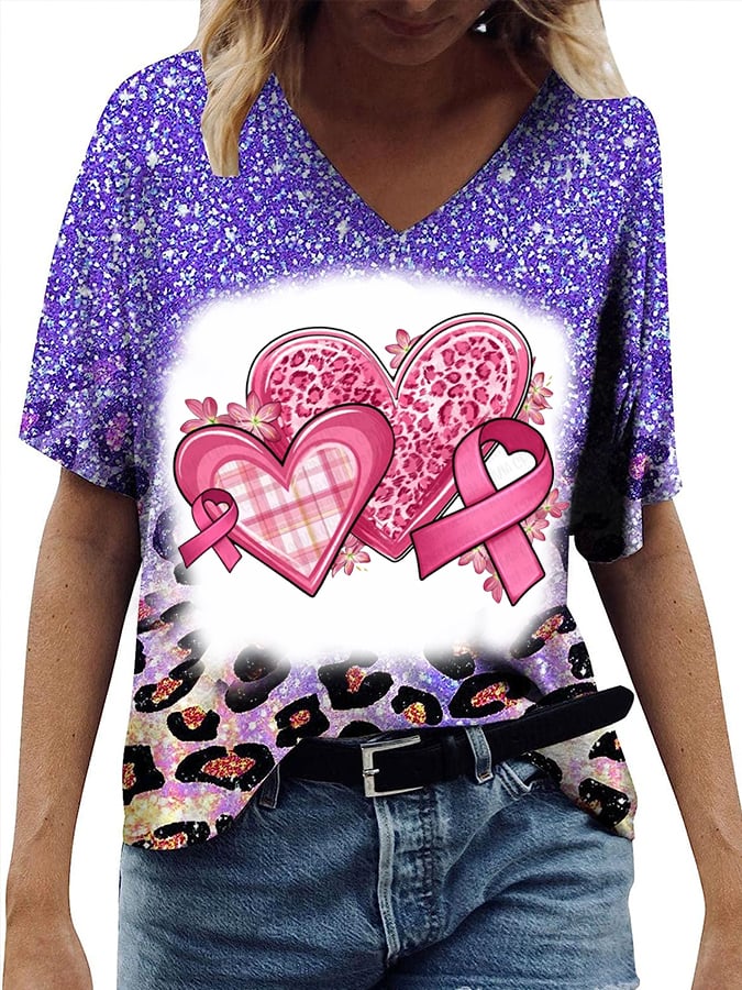 Women's Breast Cancer Casual V-Neck Short Sleeve T-Shirt