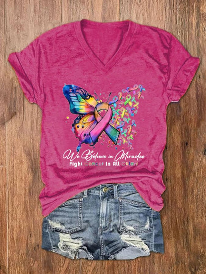 Women's Cancer Butterfly Ribbon We Believe in Miracles Fight In All Color Print V-Neck T-Shirt