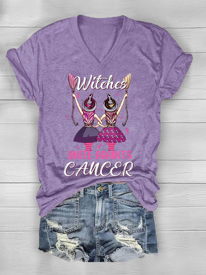 Women's Witches Unite Against Cancer Breast Cancer Awareness V-Neck Tee