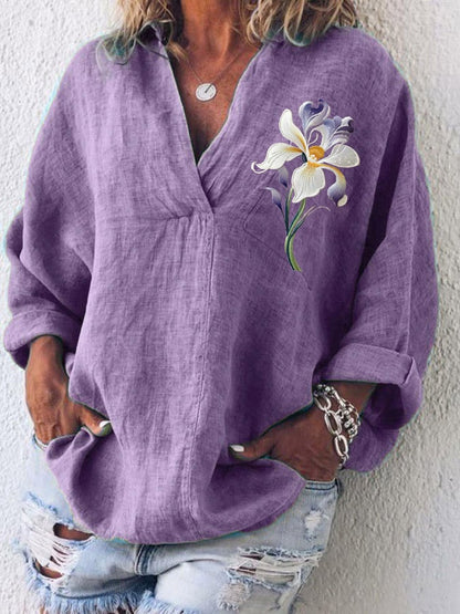 Women's Cotton And Linen Purple Floral V-Neck Top