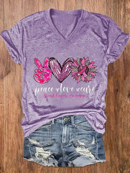 Women's Peace Love Cure Pink Sunflower Breast Cancer  V-Neck Tee
