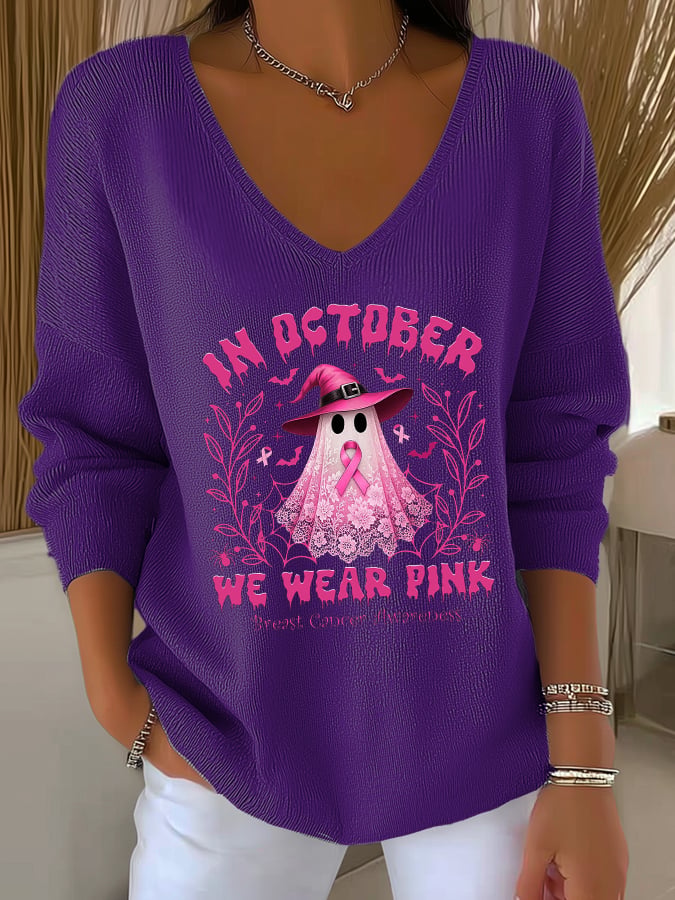 Women's Casual Breast Cancer We Wear October Pink Ghost Pit Stripe Long Sleeve Top