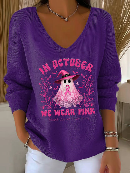 Women's Casual Breast Cancer We Wear October Pink Ghost Pit Stripe Long Sleeve Top