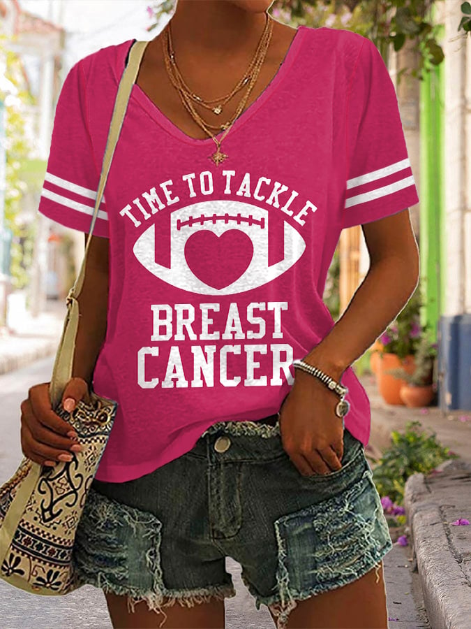 V-Neck Retro Breast Cancer Awareness Football Time To Tackle T-Shirt