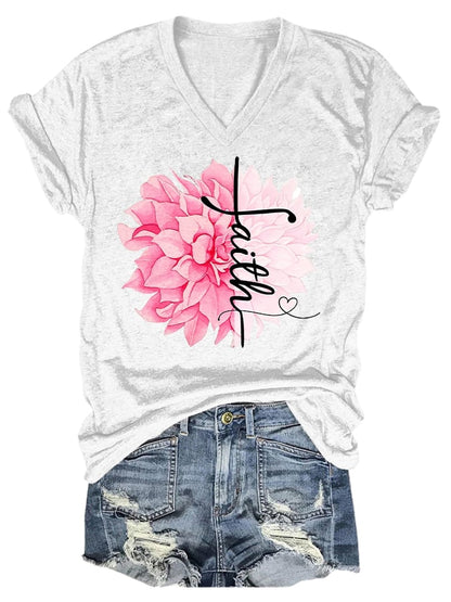 Women'S Floral Breast Cancer Awareness Crewneck T-Shirt
