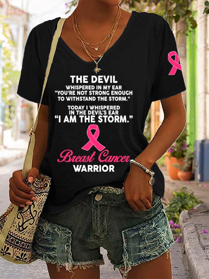 Women's The Devil- Breast Cancer Awareness Support Ribbon Print Casual T-Shirt