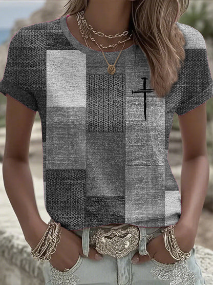 Women's casual autumn and winter retro color block contrast T-shirt