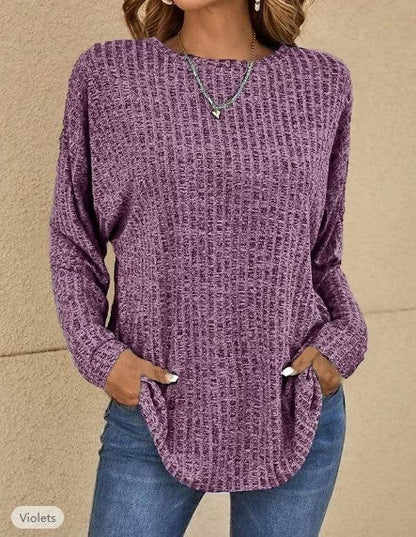 Women's sweater ribbed knit elegant round neck solid long sleeves