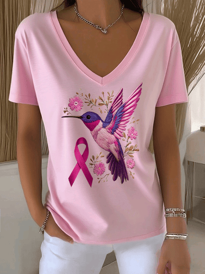 Women's Breast Cancer Awareness Hummingbird Print V-Neck T-Shirt