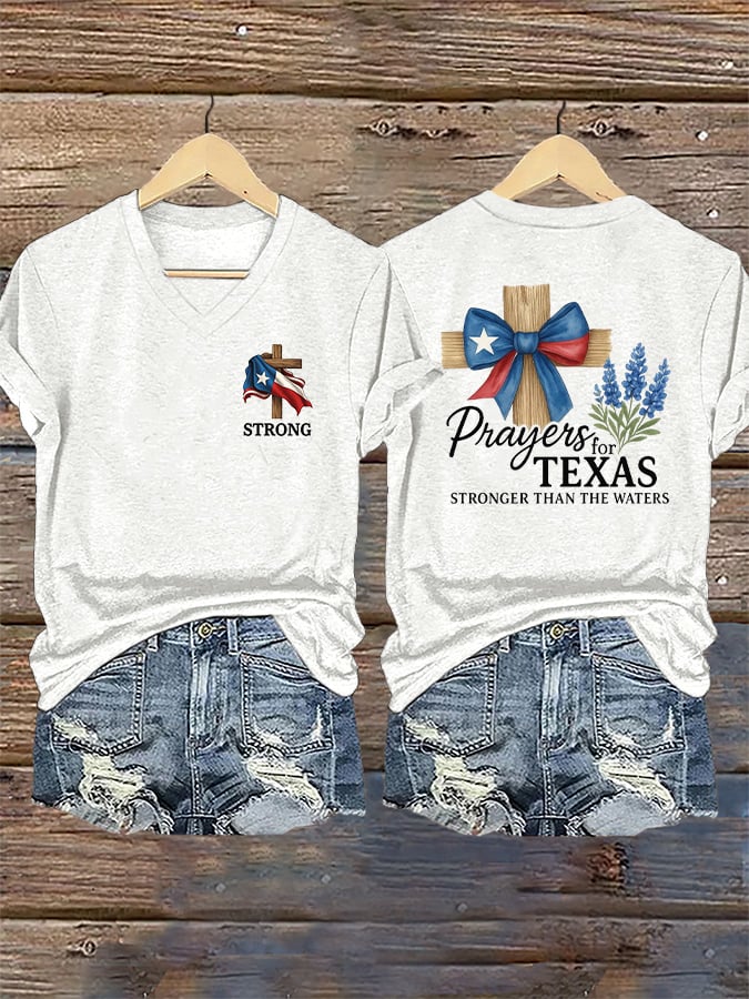🙏💔Join us in praying for Texas.🙏V-Neck Retro Texas Strong Prayers For Texas Stronger Than The Waters Faith Cross Print T-Shirt