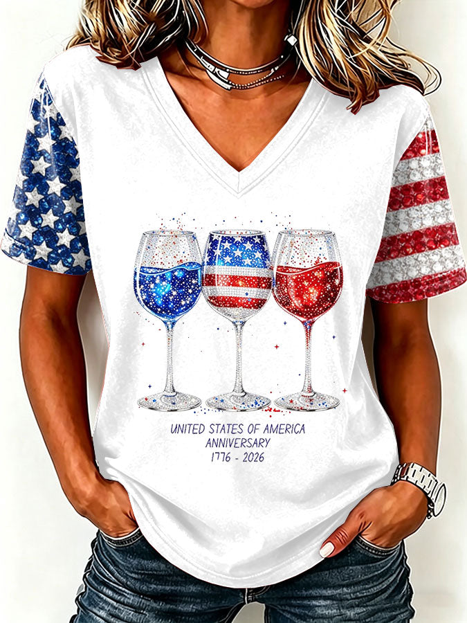 Women'S America Flag Floral Print Casual V-Neck T-Shirt