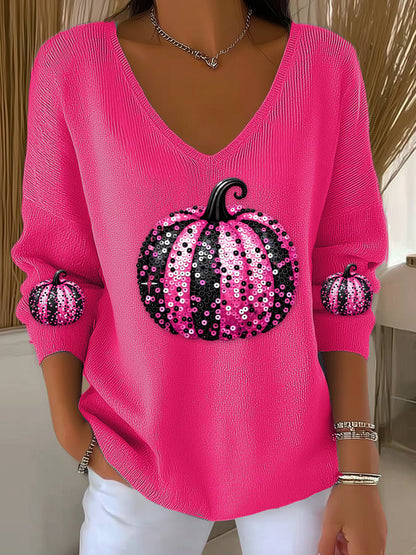 Women's casual pink sequined pumpkin striped long-sleeved top