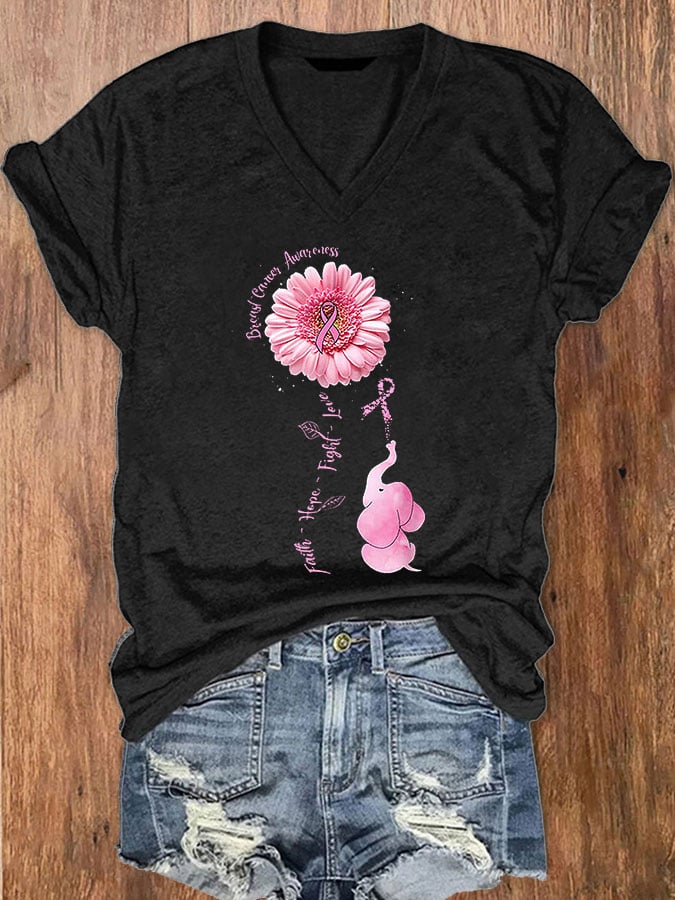 Women's Faith Hope Fight Love Elephant Breast Cancer Awareness T-Shirt