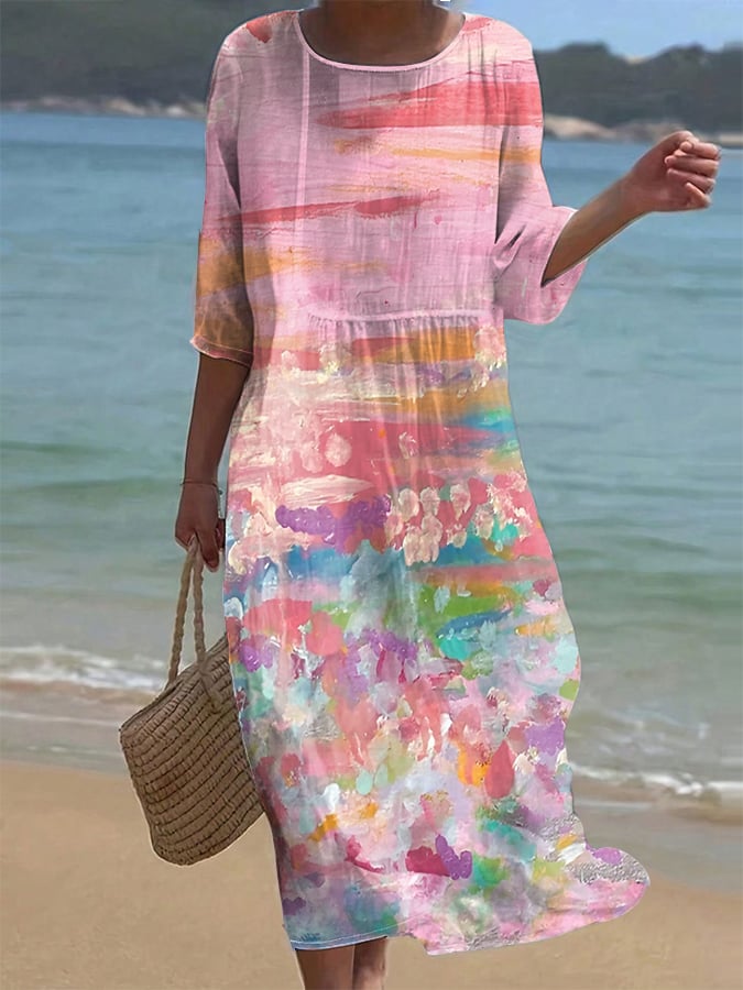 Women's Casual Pink Art Wrinkled Cotton And Linen Dress