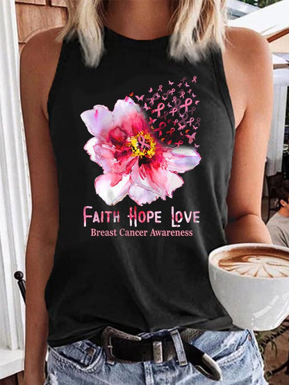 Women's Faith Hope Love Breast Cancer Ribbon Flower Daisy Print Tank Top
