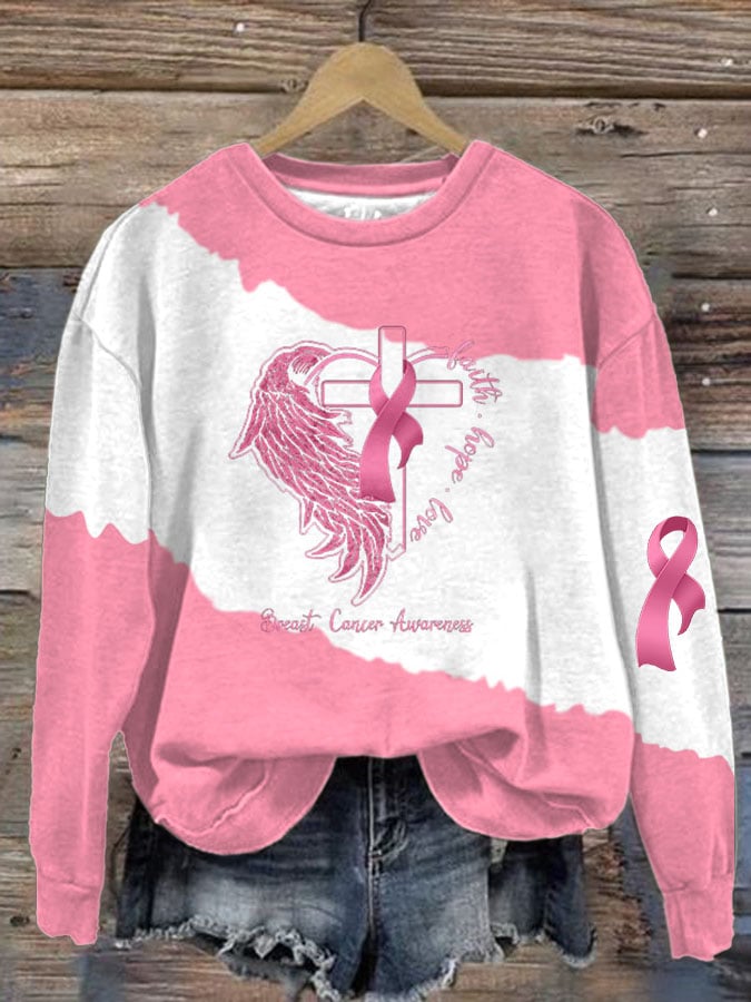 Women's Breast Cancer Awareness Faith Hope Love Print Long Sleeve Sweatshirt