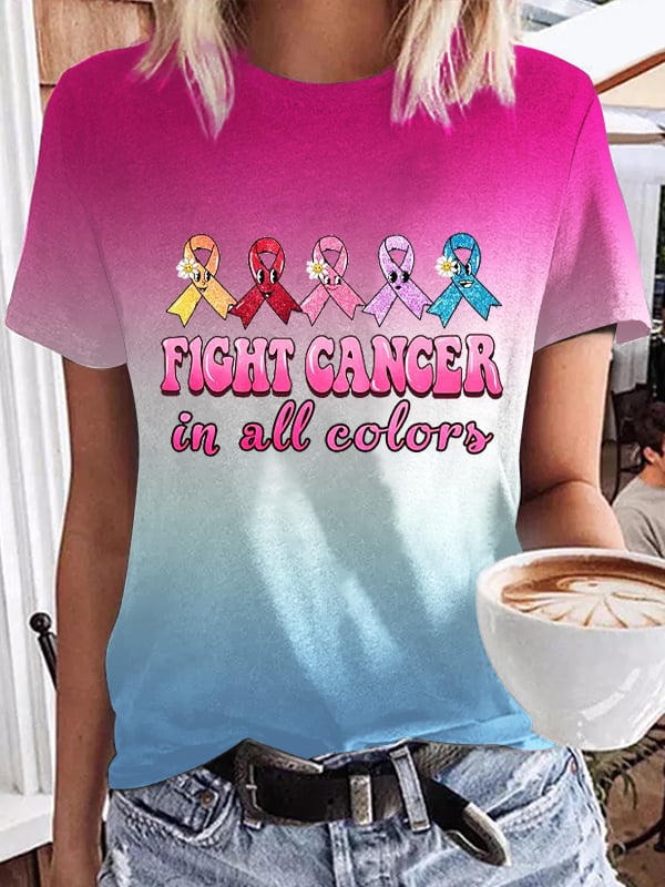Women's Fight Cancer In All Colors Print Crewneck T-Shirt