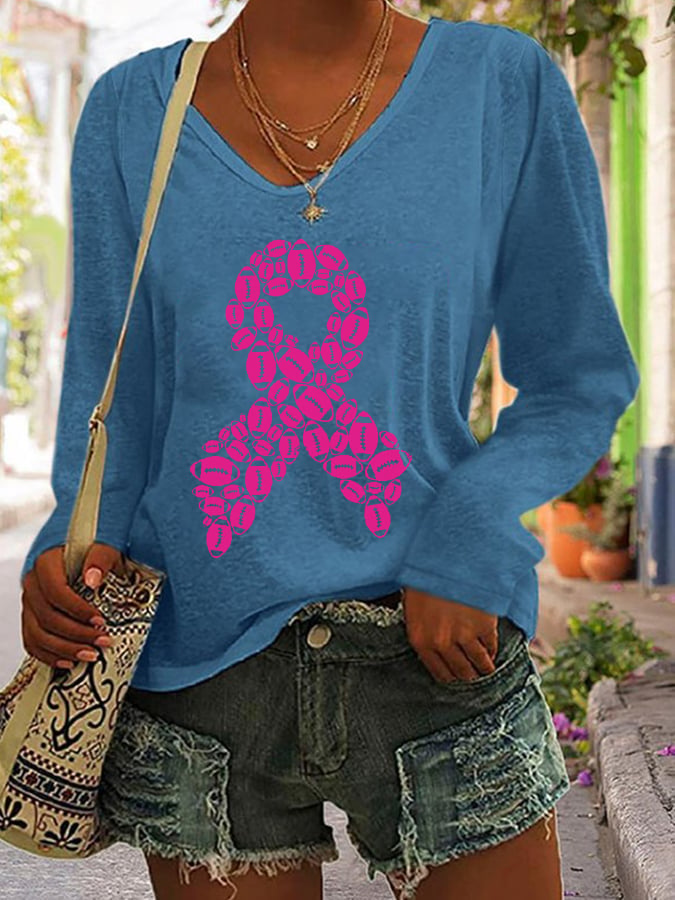 Women's Breast Cancer Ribbon Football  Casual Long-Sleeve T-Shirt