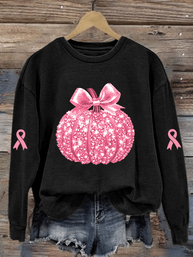 Women's Breast Cancer Sequin Pumpkin Print Crew Neck Sweatshirt