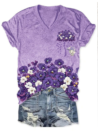 Women'S Alzheimer's Disease Awareness Floral  Printed Casual T-Shirt