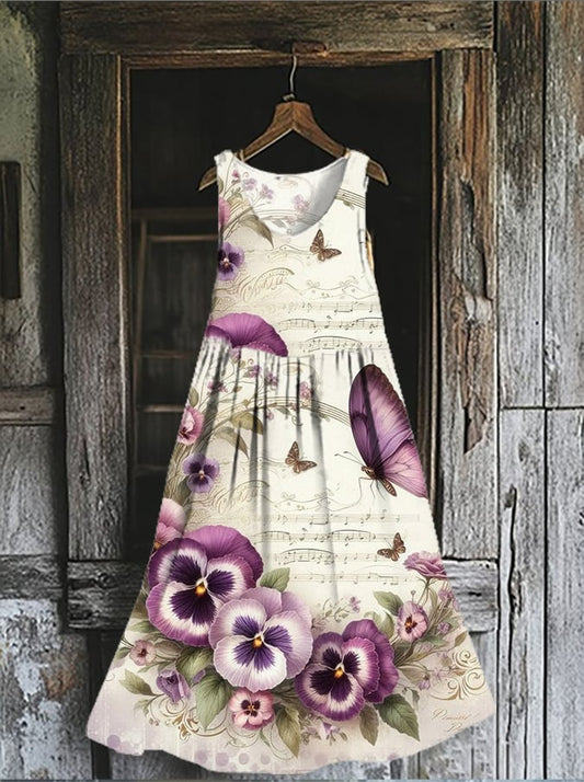 Women's Purple Retro Floral Butterfly Print Irregular Hem Sleeveless Dress
