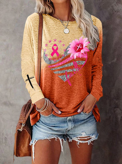 Women's Breast Cancer Gradient Print Long Sleeve T-Shirt