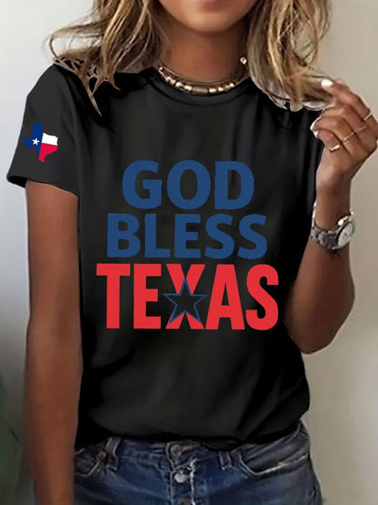 Women's Texas Flood God Bless Texas Print Casual T-Shirt