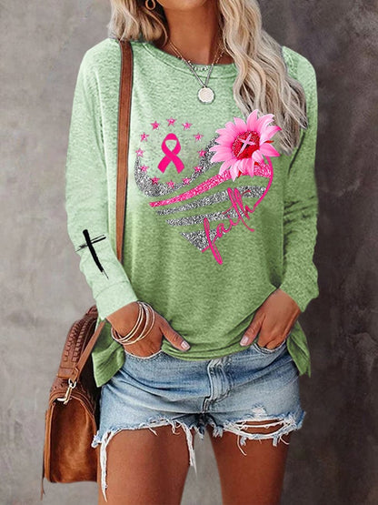 Women's Breast Cancer Gradient Print Long Sleeve T-Shirt