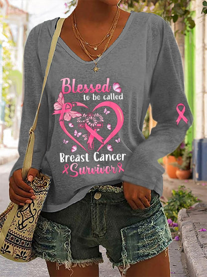 Blessed To Be Called Breast Cancer Survivor Printed Long Sleeve T-Shirt