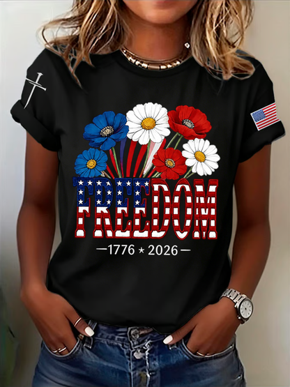 Women's Retro Freedom American Flag Cross Print T-Shirt