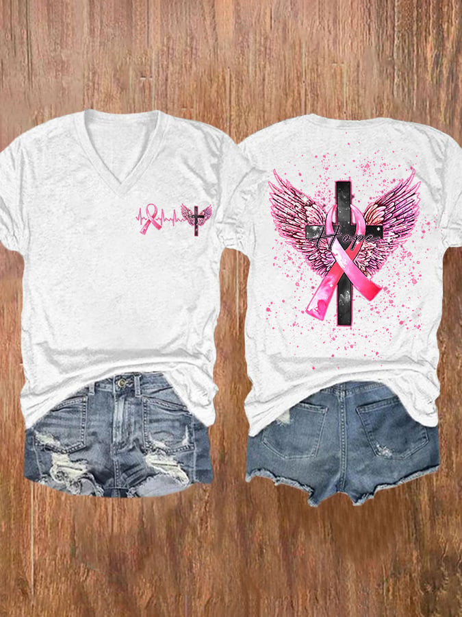 Hope Pink Ribbon Cross Angel Wings Ribbon Heartbeat Breast Cancer Print Short Sleeve Casual T-Shirt