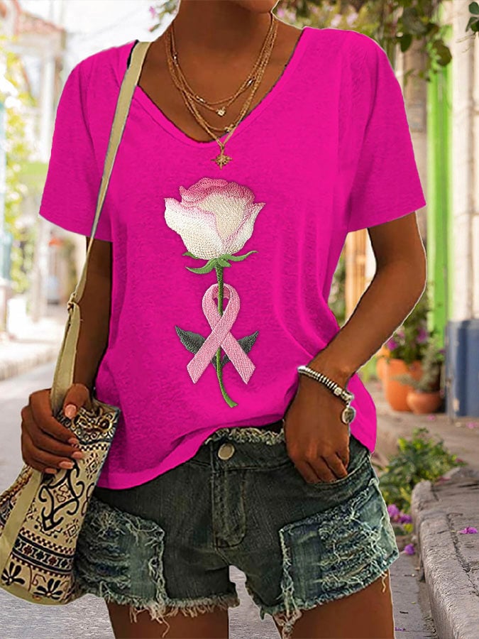 Women's Pink Embroidered Floral Print V-Neck T-Shirt