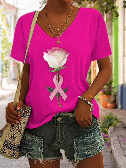 Women's Pink Embroidered Floral Print V-Neck T-Shirt