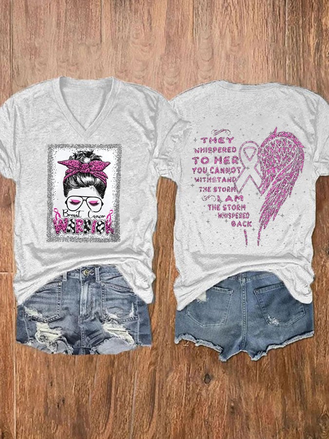 Women'S Breast cancer warrior Awareness V Neck T-Shirt
